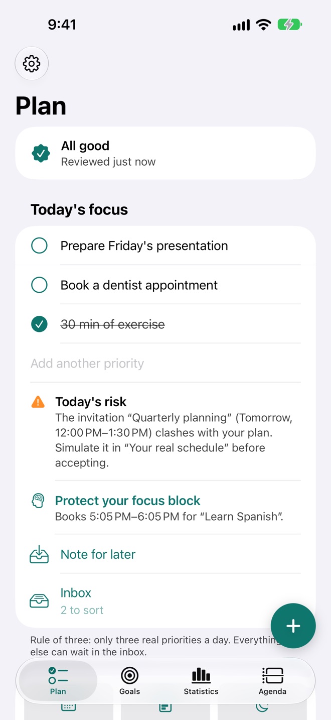Today's focus: three priorities, one risk and one action.