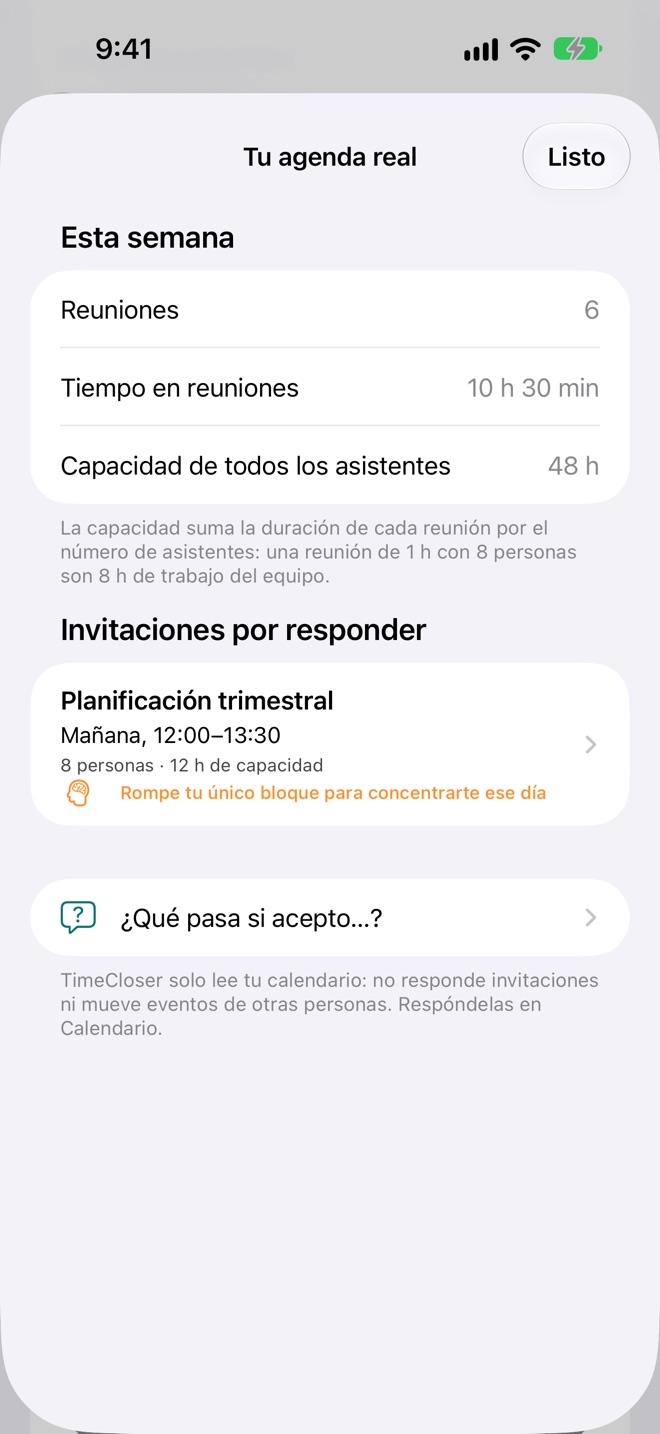 Tu agenda real: reuniones, invitaciones y días fragmentados.