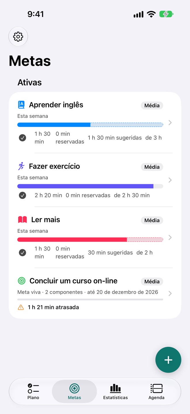 Suas metas, com progresso honesto.